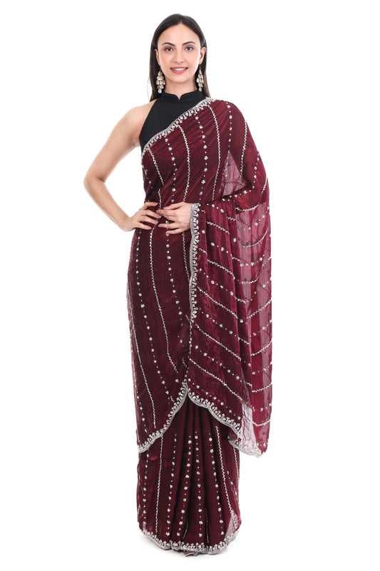Wine Satin Silk Saree with Cutwork Border Elegance