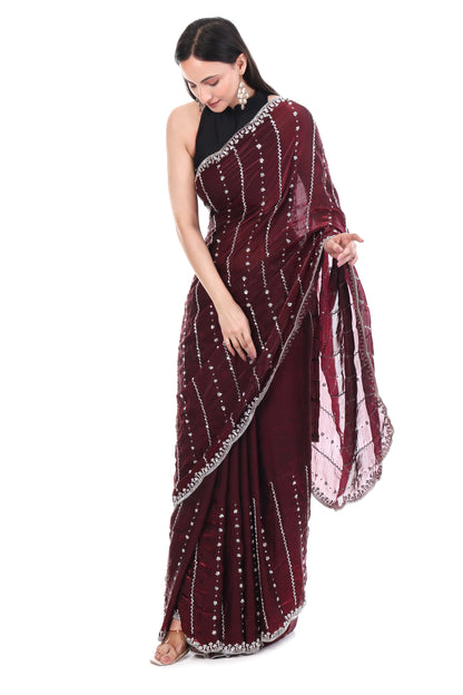 Wine Satin Silk Saree with Cutwork Border Elegance