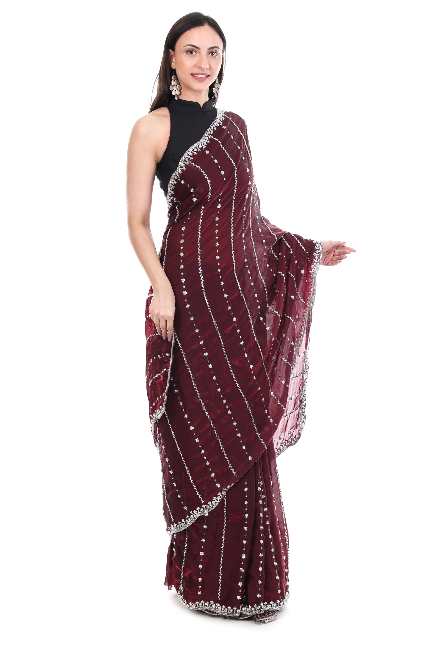 Wine Satin Silk Saree with Cutwork Border Elegance