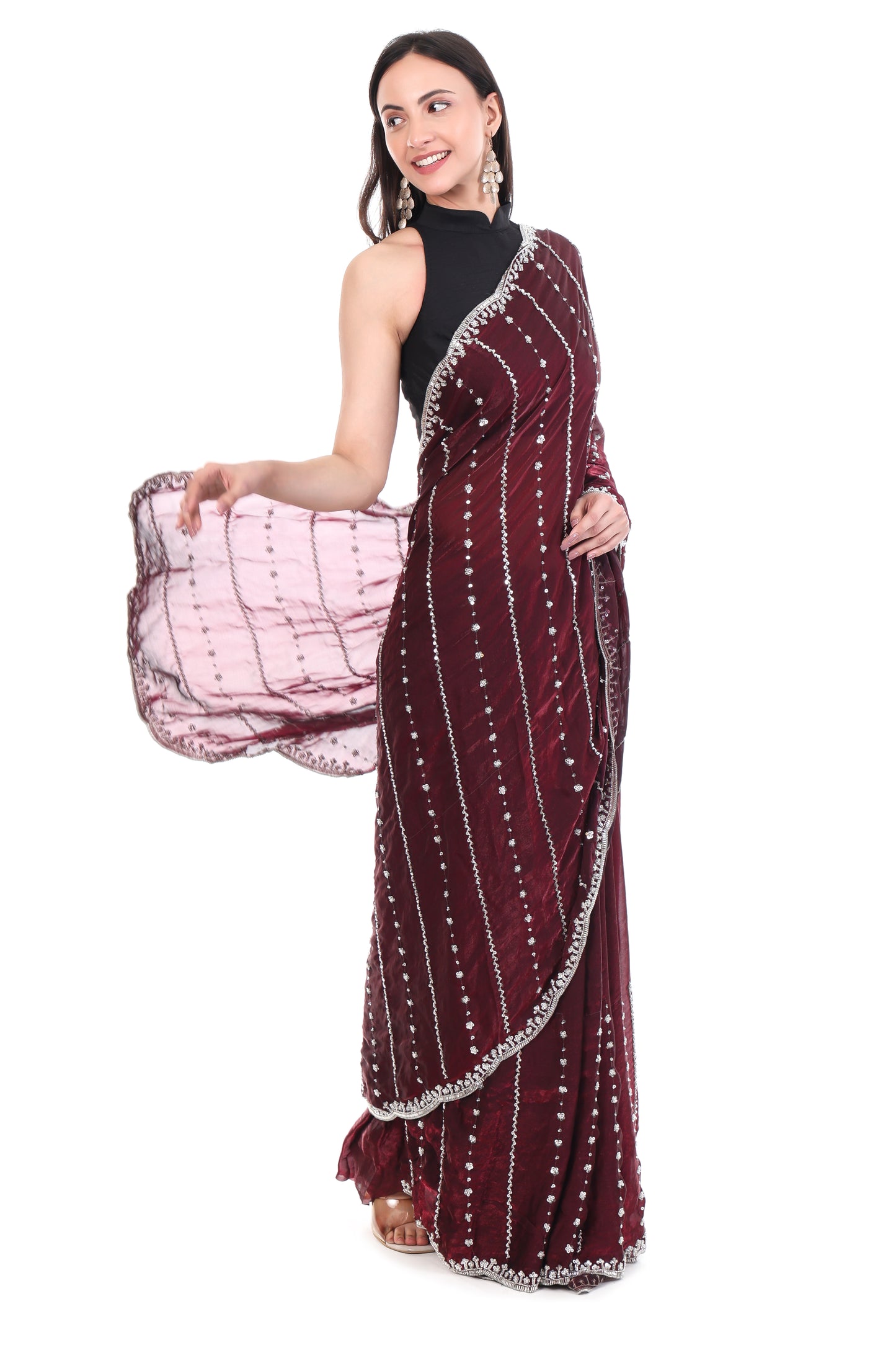 Wine Satin Silk Saree with Cutwork Border Elegance