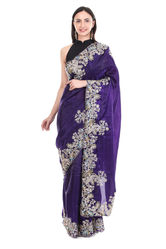 Purple Satin Silk Saree with Heavy Work