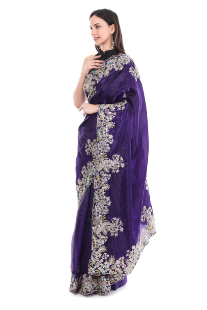 Purple Satin Silk Saree with Heavy Work