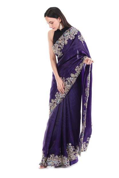 Purple Satin Silk Saree with Heavy Work