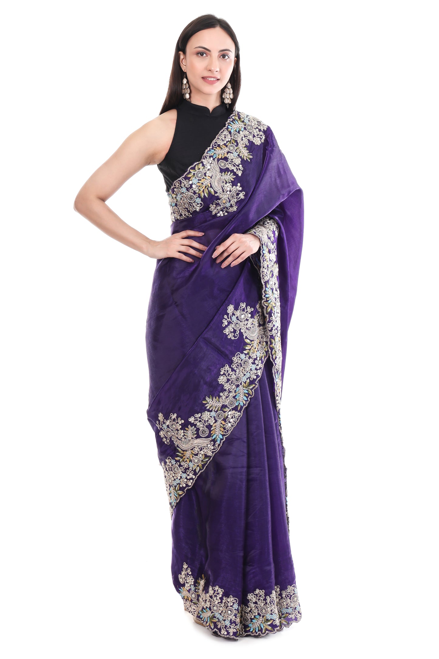 Purple Satin Silk Saree with Heavy Work