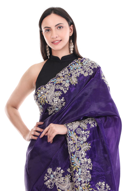 Purple Satin Silk Saree with Heavy Work