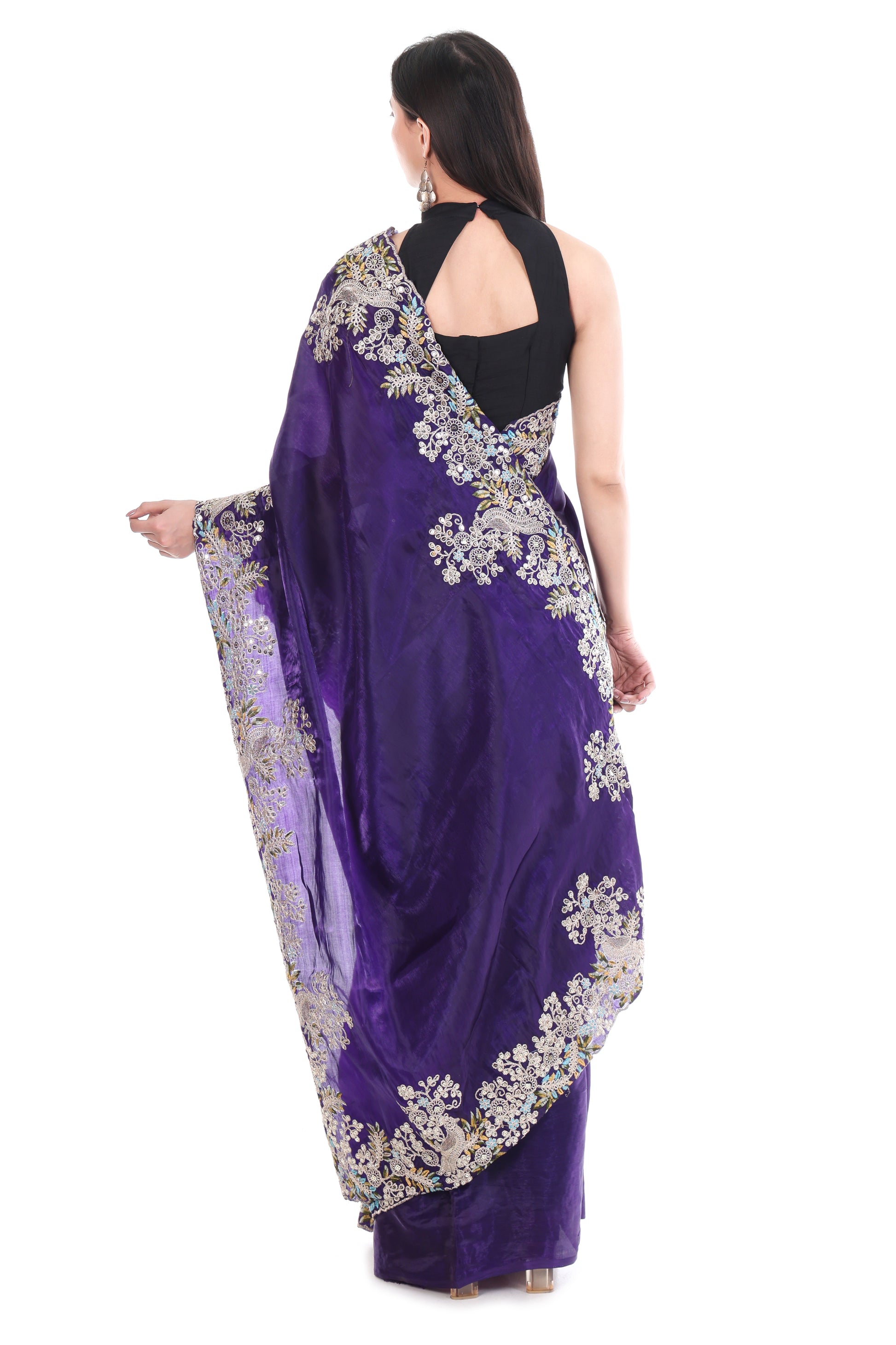 Purple Satin Silk Saree with Heavy Work