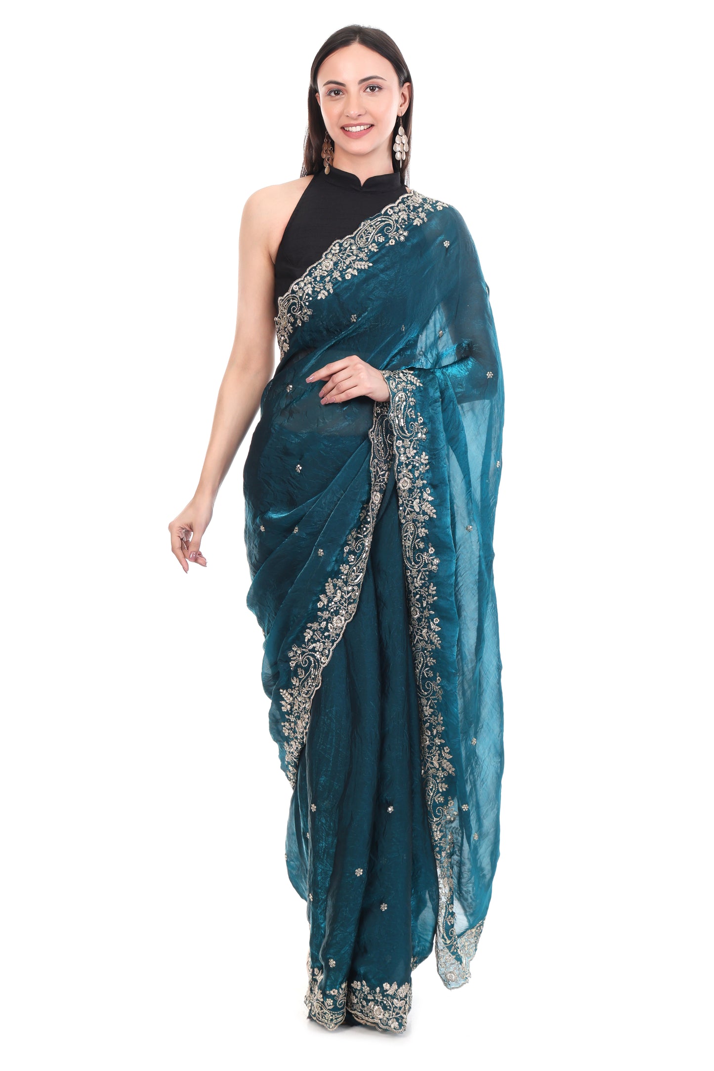 Banarashe Premium Pearl-Glow Net Saree with Diamond Lace & Embroidery