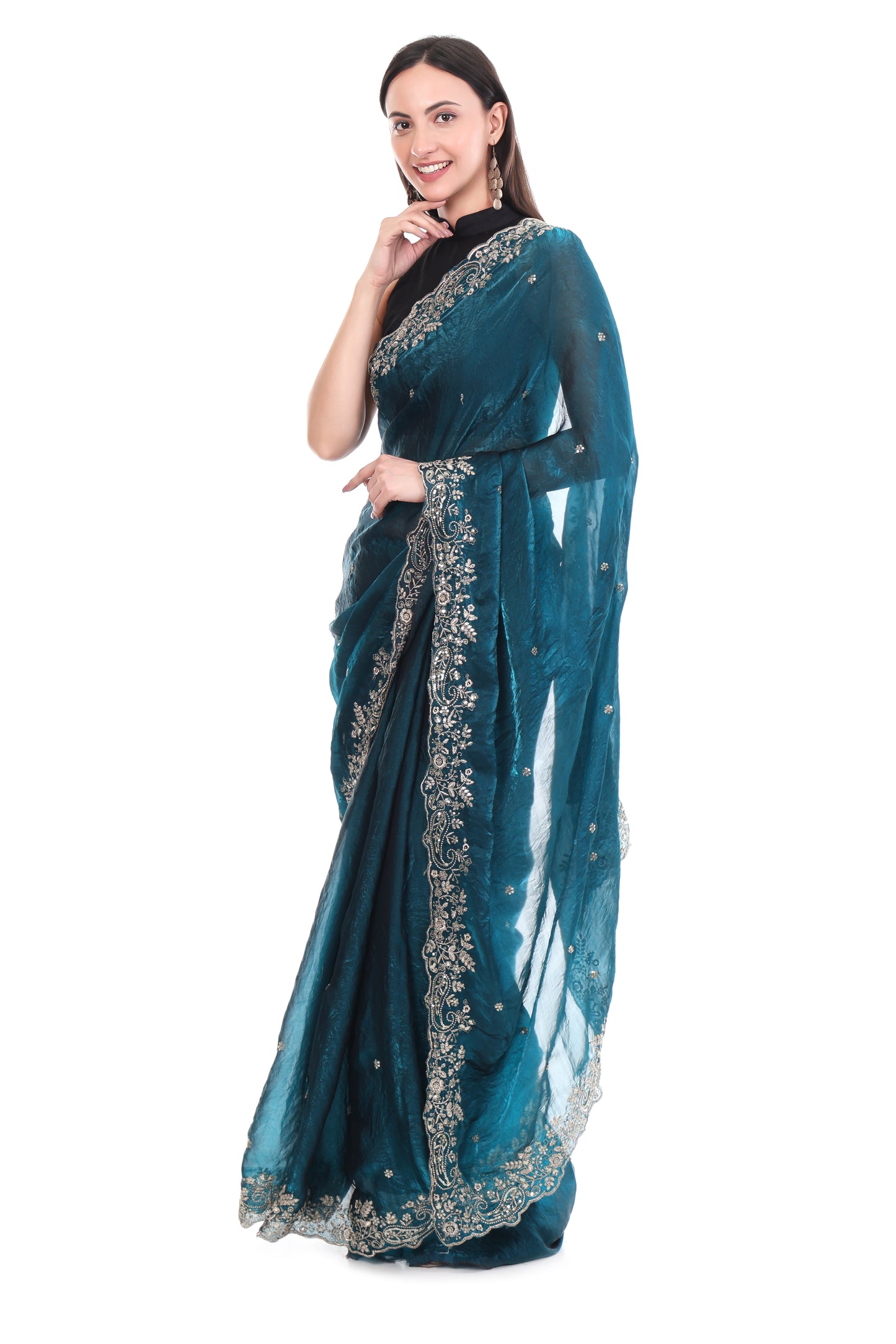 Banarashe Premium Pearl-Glow Net Saree with Diamond Lace & Embroidery