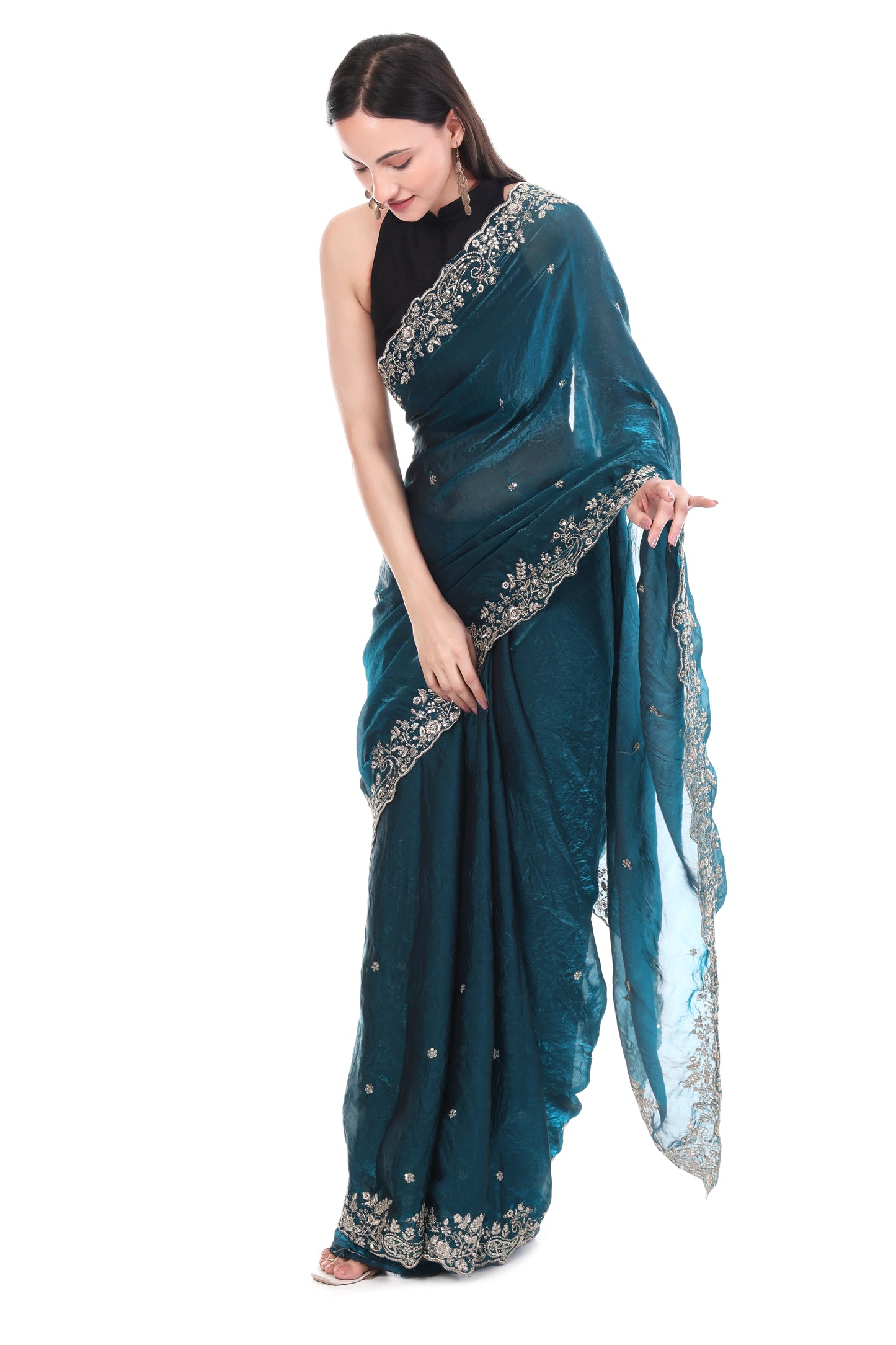 Banarashe Premium Pearl-Glow Net Saree with Diamond Lace & Embroidery