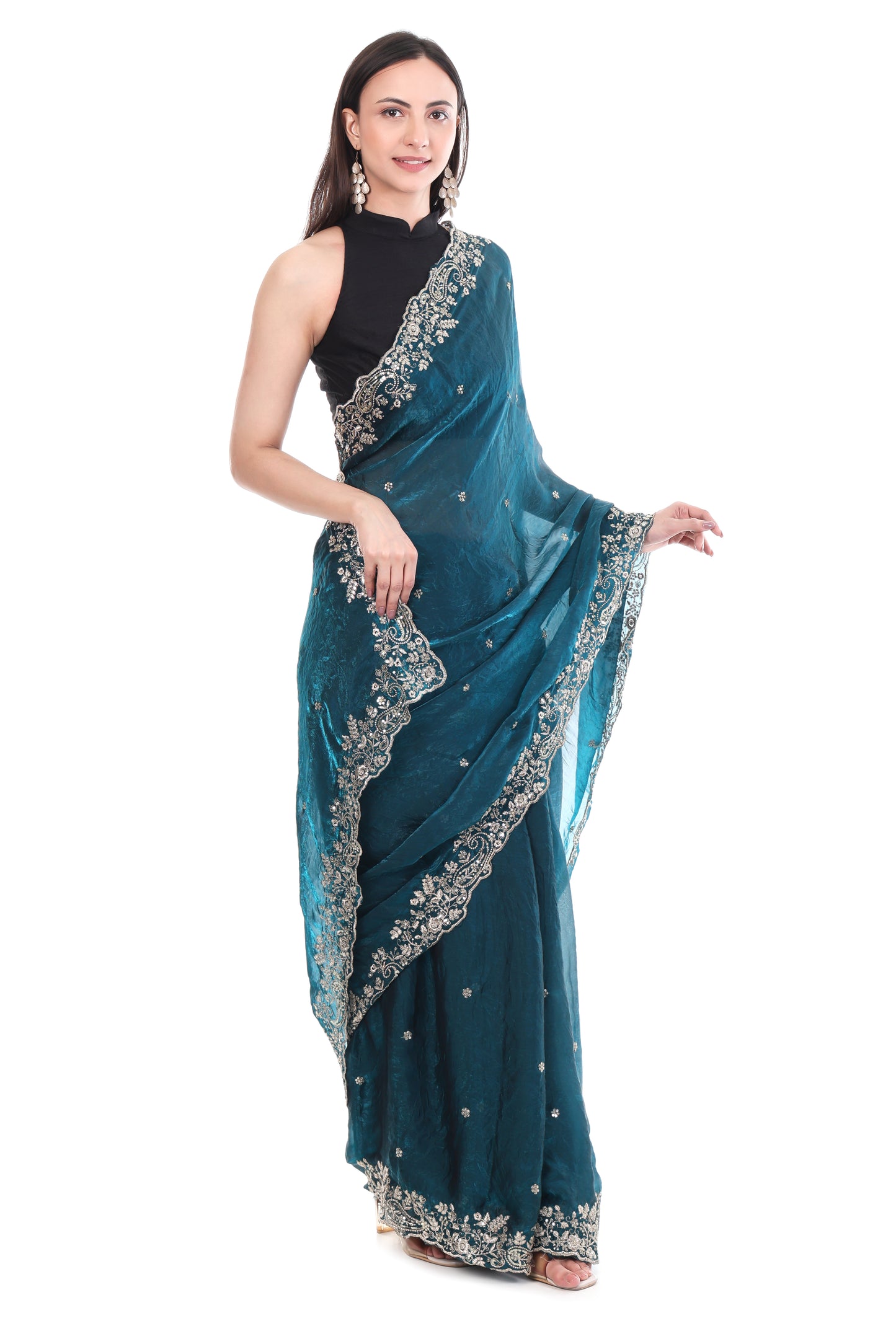 Banarashe Premium Pearl-Glow Net Saree with Diamond Lace & Embroidery