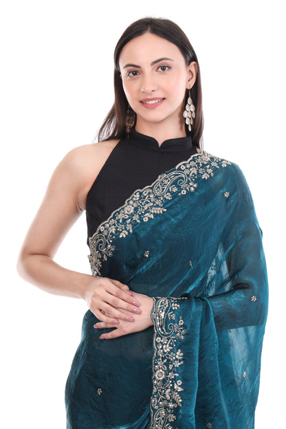 Banarashe Premium Pearl-Glow Net Saree with Diamond Lace & Embroidery