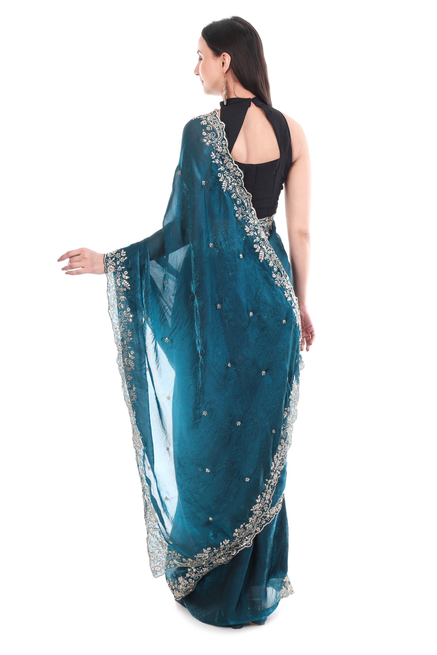Banarashe Premium Pearl-Glow Net Saree with Diamond Lace & Embroidery