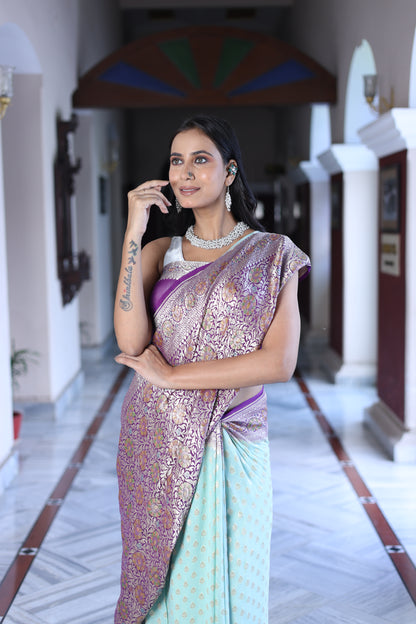 Odette Blue Georgette Embroidered Saree