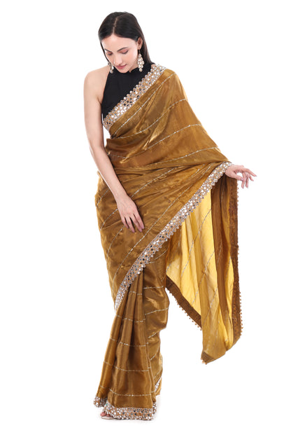 Zimmy Choo Satin Saree in Royal Gold