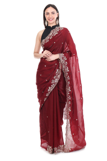 Rich Maroon Embellished Saree with Heavy Border