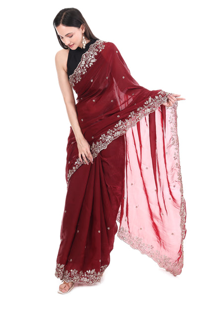 Rich Maroon Embellished Saree with Heavy Border