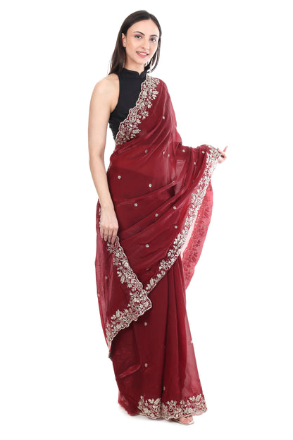 Rich Maroon Embellished Saree with Heavy Border