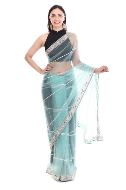 Green Premium Net Saree with Heavy Embroidery & Sequin Work