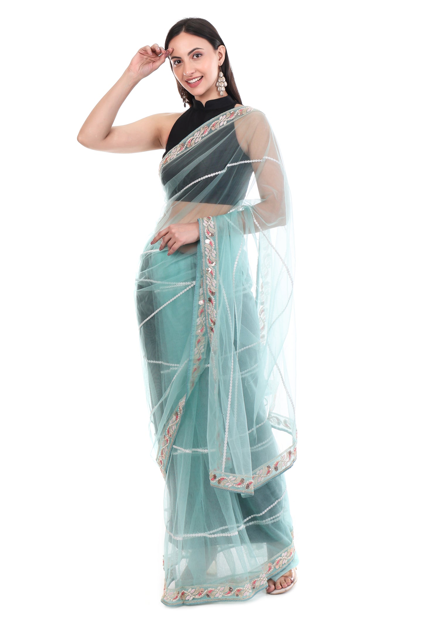 Green Premium Net Saree with Heavy Embroidery & Sequin Work