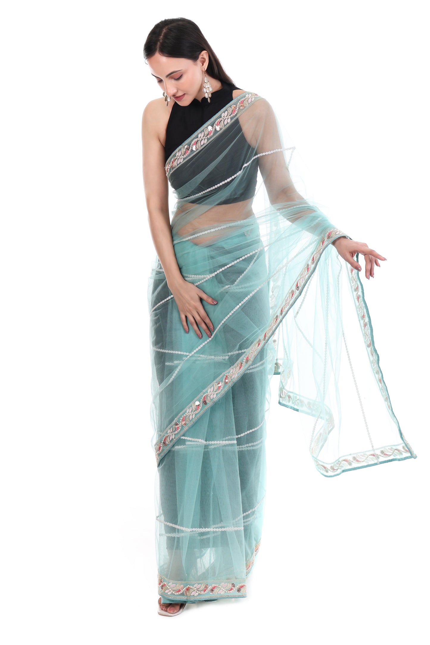 Green Premium Net Saree with Heavy Embroidery & Sequin Work
