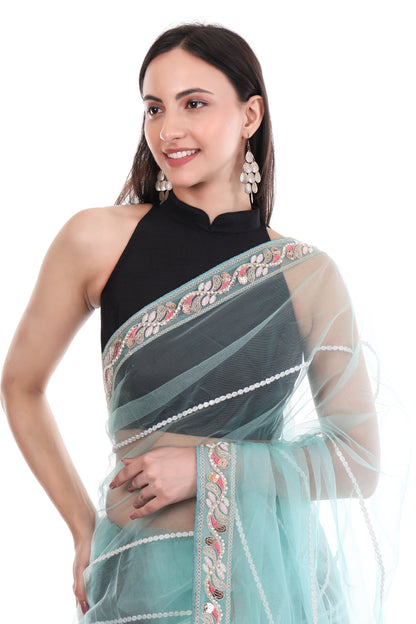 Green Premium Net Saree with Heavy Embroidery & Sequin Work