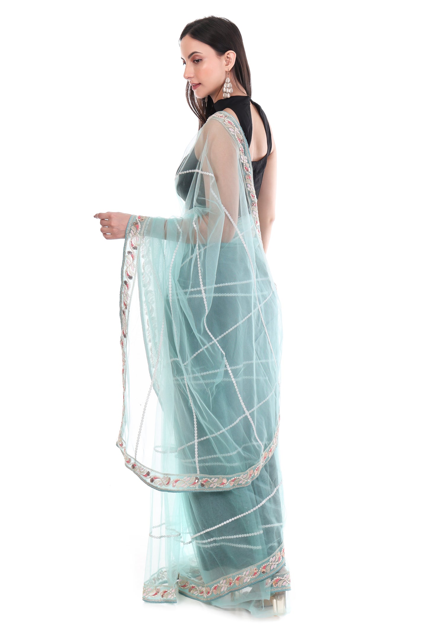 Green Premium Net Saree with Heavy Embroidery & Sequin Work
