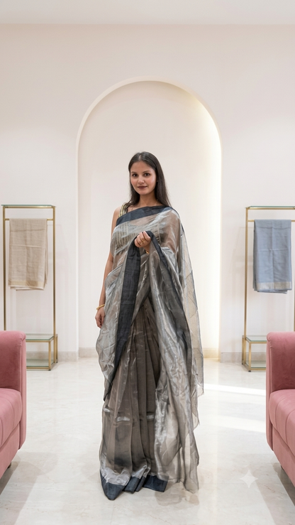 Banarashe Handloom Grey & Charcoal Tissue Saree