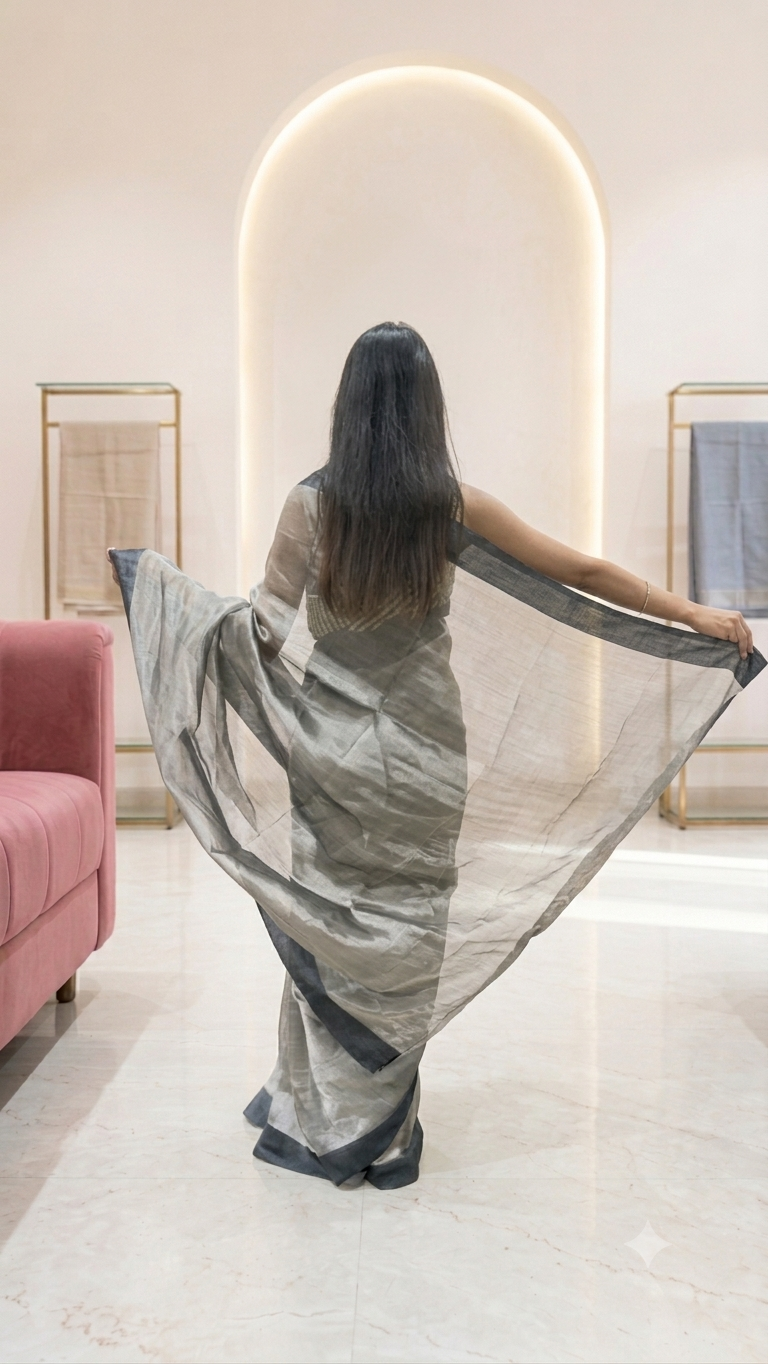 Banarashe Handloom Grey & Charcoal Tissue Saree