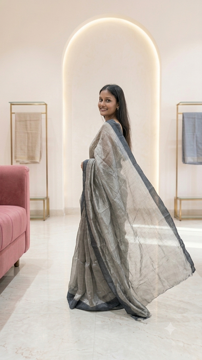 Banarashe Handloom Grey & Charcoal Tissue Saree