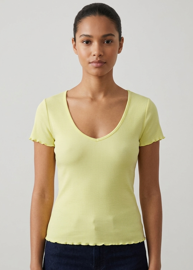 Lemon Yellow Slim Fit Ribbed Round Neck Top