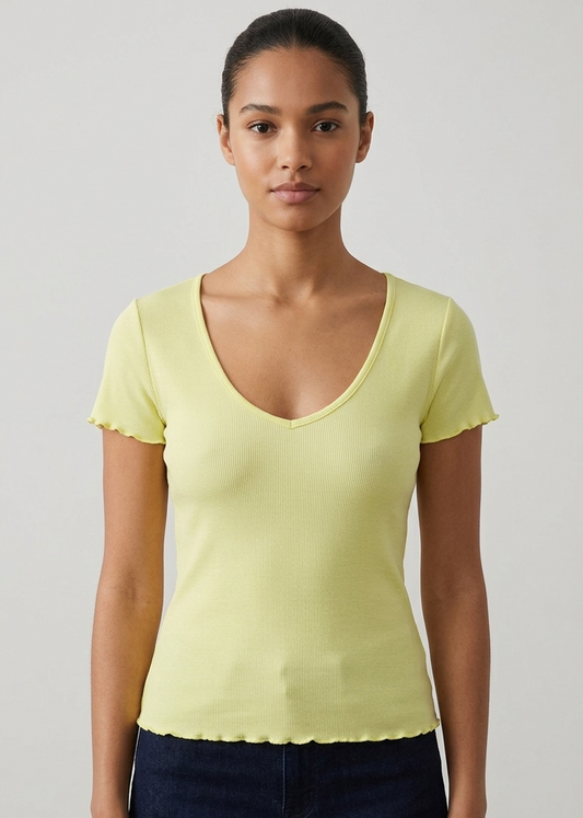 Lemon Yellow Slim Fit Ribbed Round Neck Top
