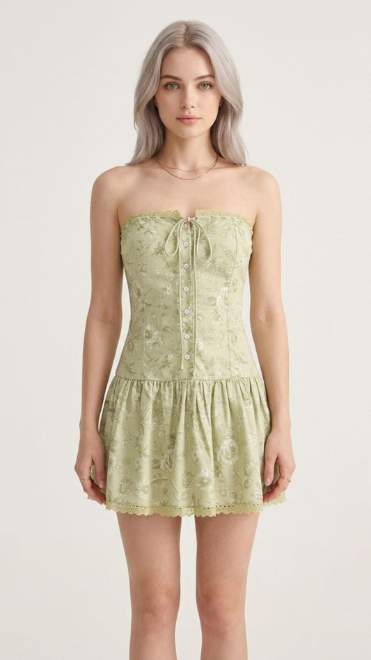 Women's Sage Green Floral Strapless Corset Mini Dress