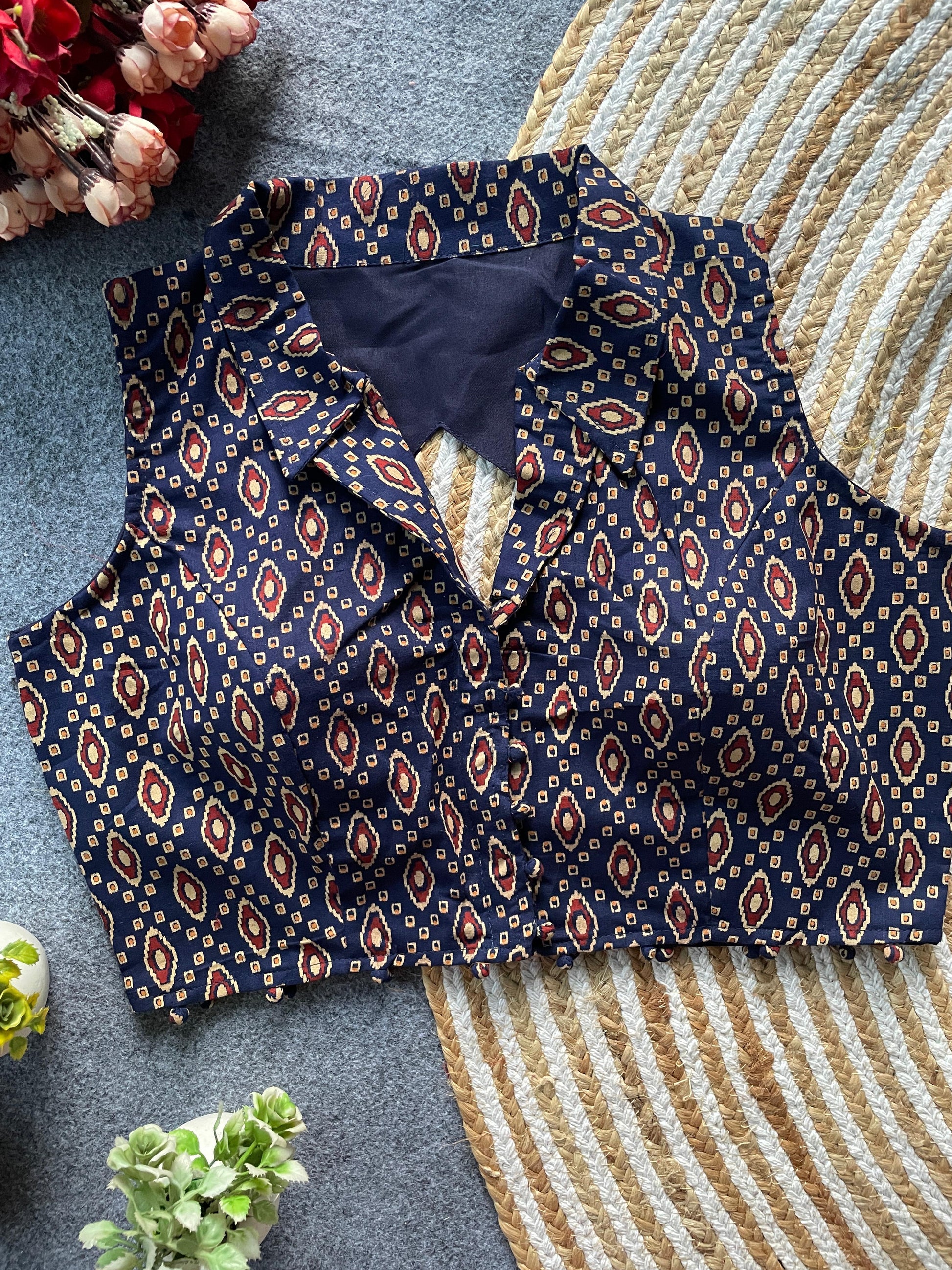 Front Open Padded Sleeveless Ethnic Blouse