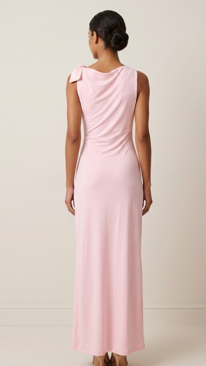 Pink Solid Tie-Up Maxi Dress with Boat Neck