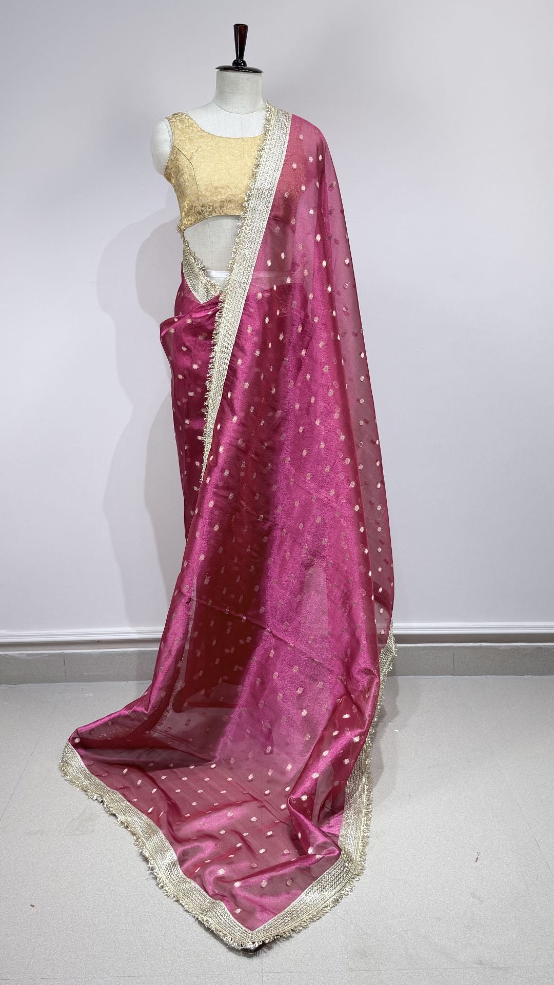 Rani Pink Tissue Chunri Saree with Lace Border