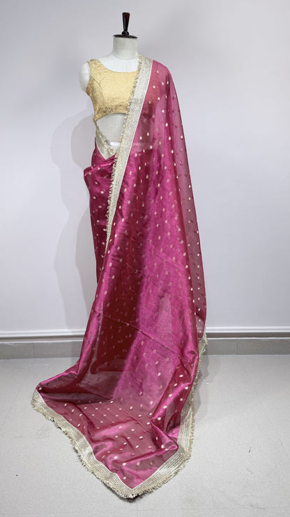 Rani Pink Tissue Chunri Saree with Lace Border