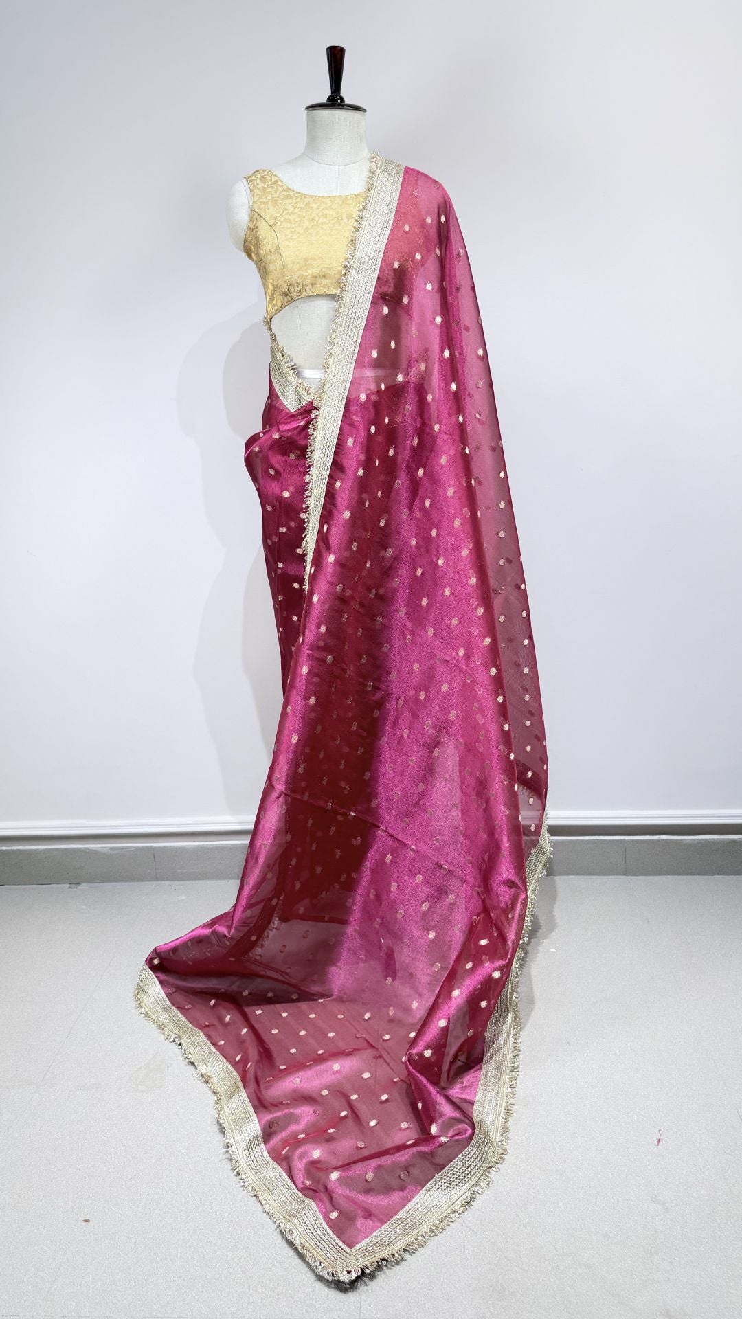 Rani Pink Tissue Chunri Saree with Lace Border