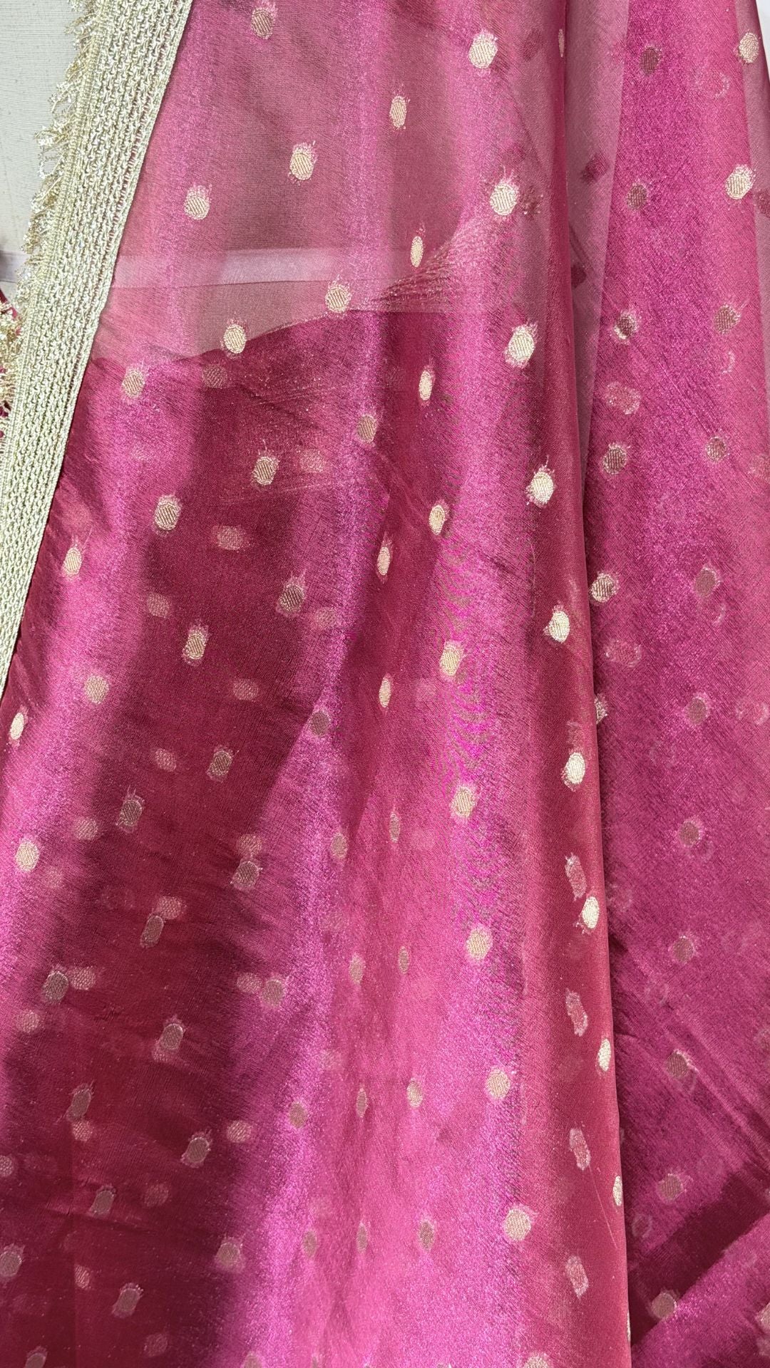 Rani Pink Tissue Chunri Saree with Lace Border