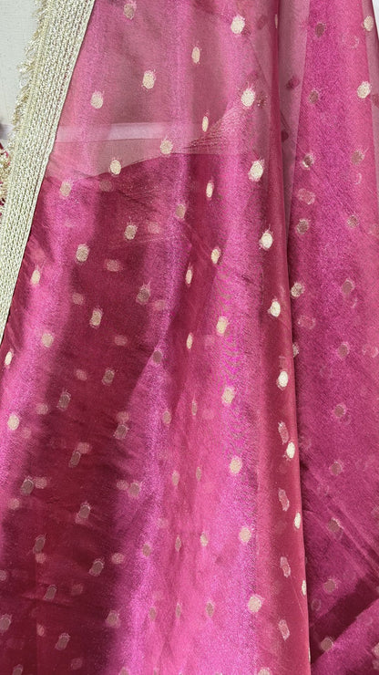 Rani Pink Tissue Chunri Saree with Lace Border