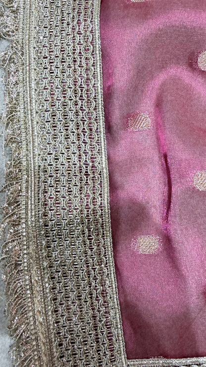 Rani Pink Tissue Chunri Saree with Lace Border