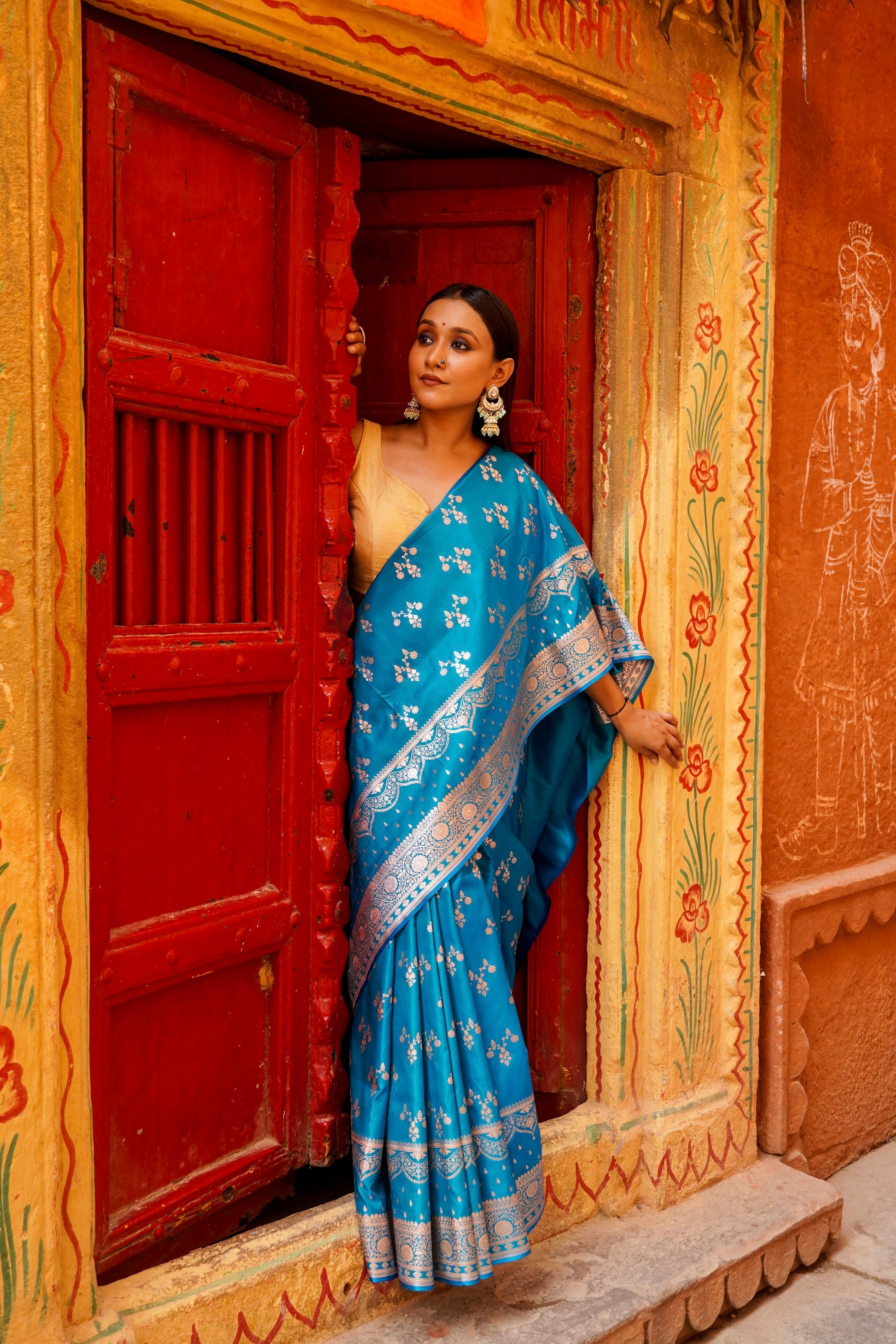Royal Sky Blue – Floral Zari Embroidered Saree Elegance
