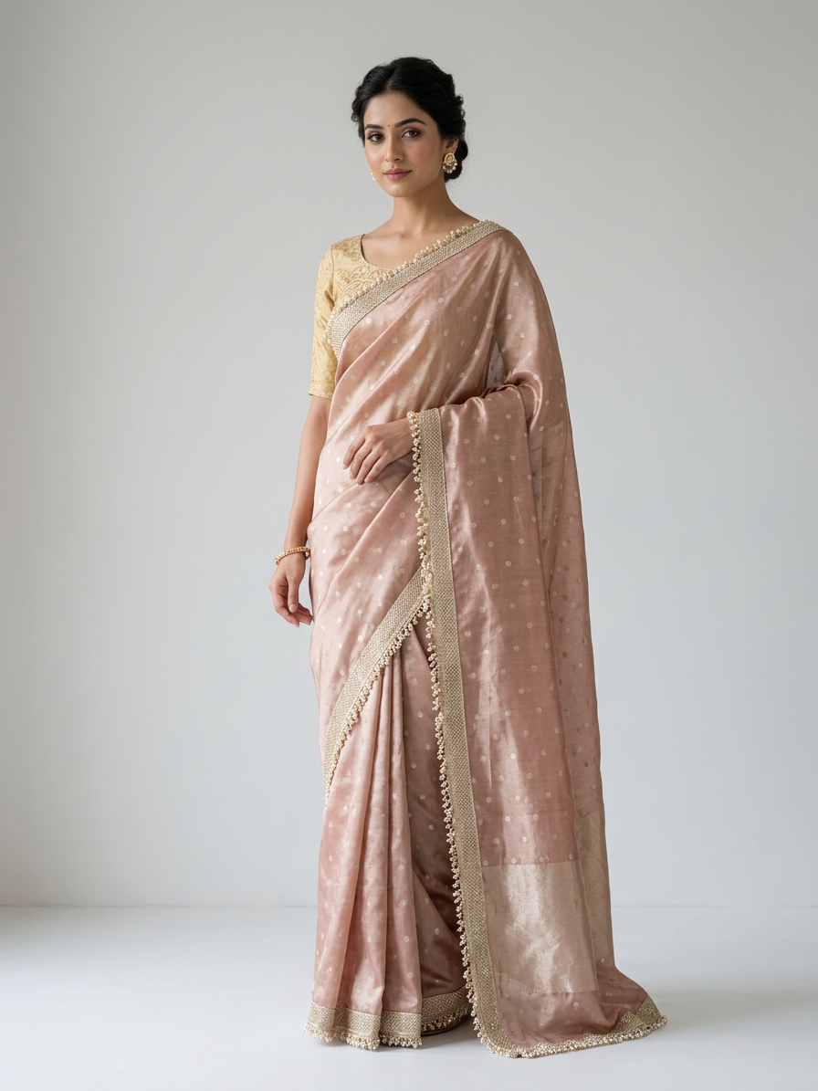 Rose Gold Tissue Silk Saree with Lace Border