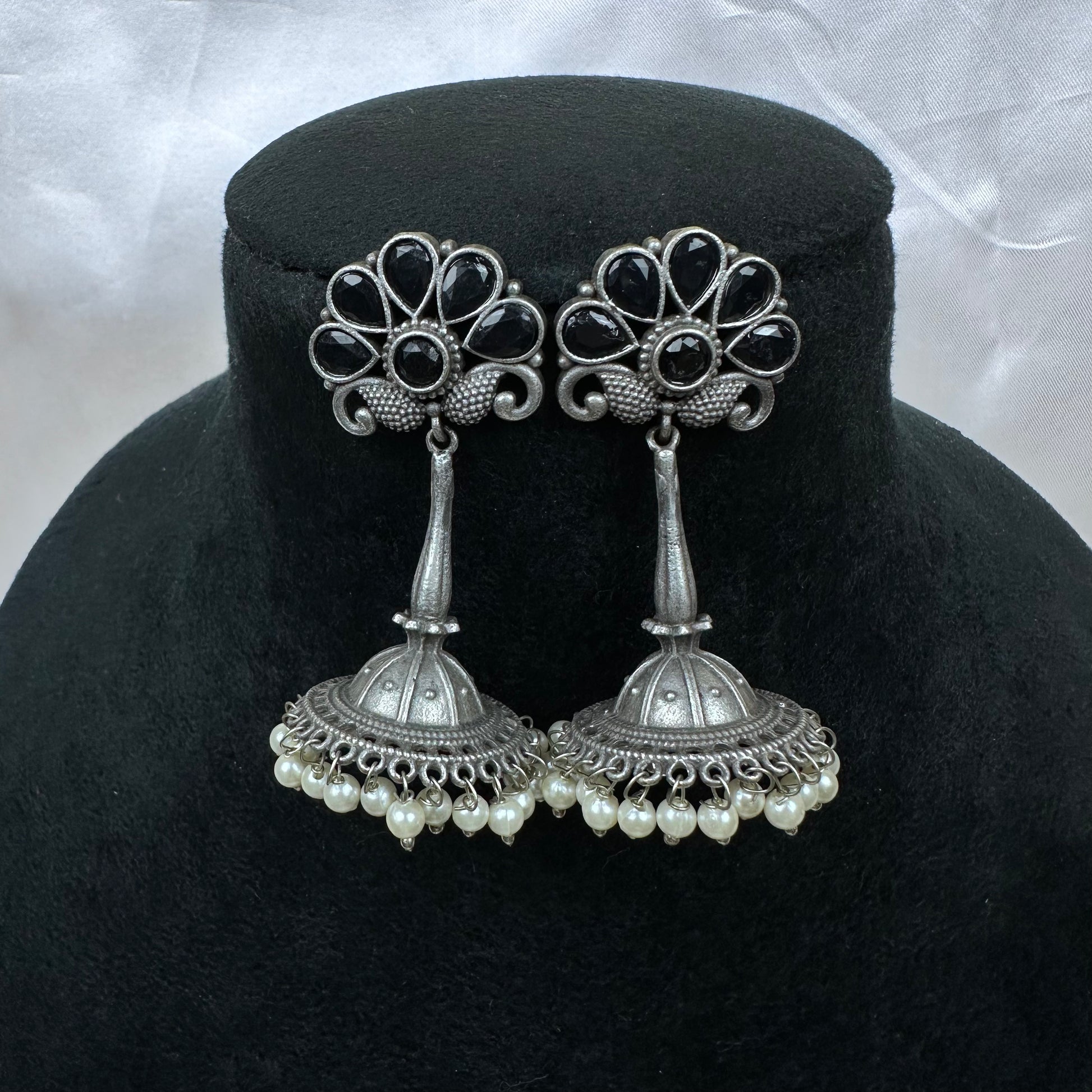 Traditional Oxidised Silver Plated Jhumka Earrings with Stone Work Black