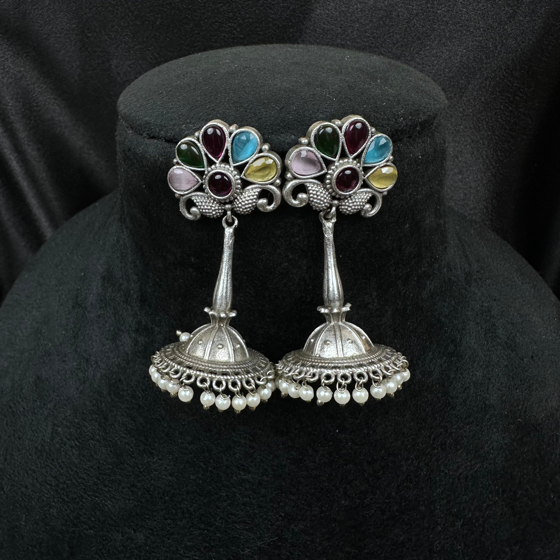 Traditional Oxidised Silver Plated Jhumka Earrings with Stone Work Multicolor