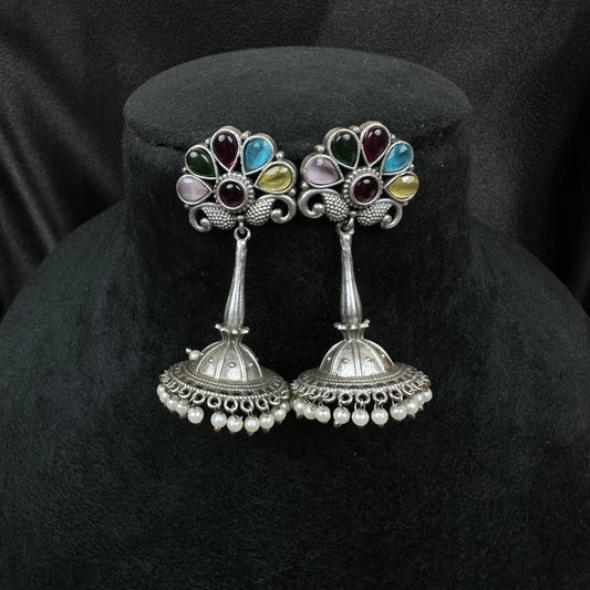 Traditional Oxidised Silver Plated Jhumka Earrings with Stone Work Multicolor