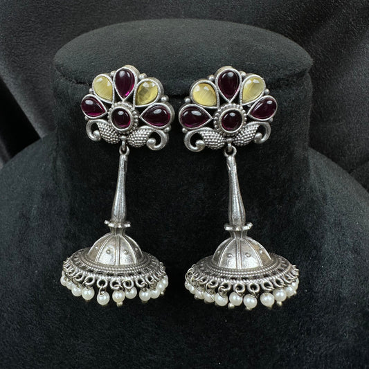 Traditional Oxidised Silver Plated Jhumka Earrings with Stone Work Yellow-Red