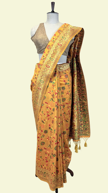 Mustard Banarasi Cotton Saree with Meenakari Weaving