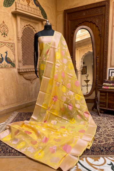 Yellow Floral Kora Silk - Premium Weave
