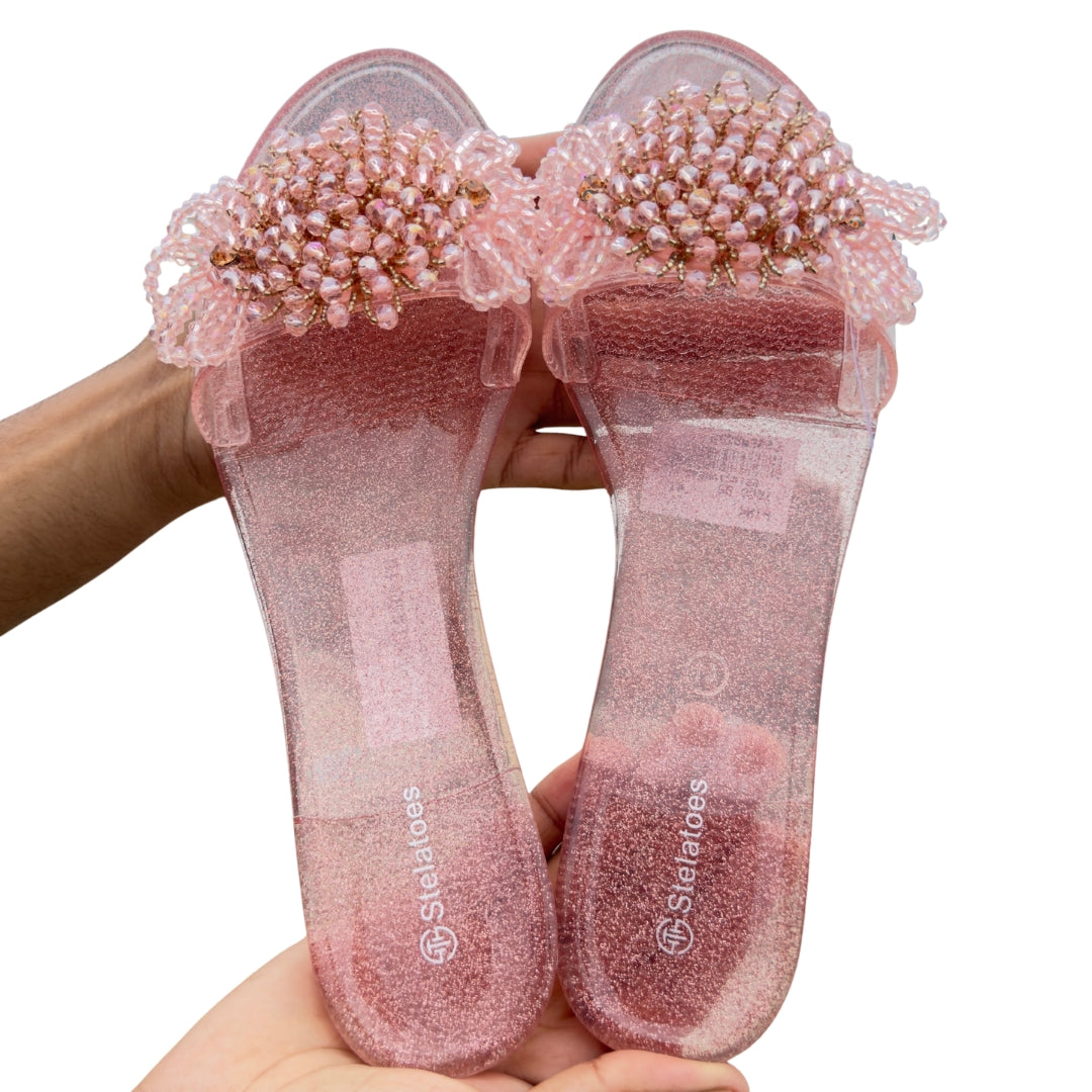 Blush Pink Beaded Embellished Slip-On Sandals