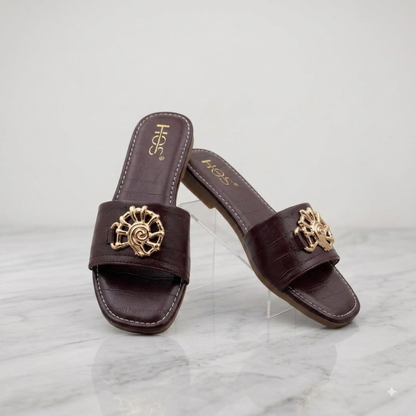 Maroon Croc-Texture Flat Sandals with Gold Spiral Motif
